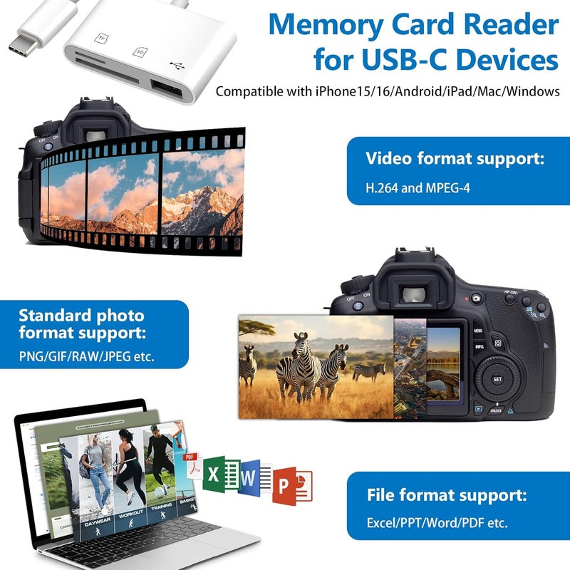 ADRUDY قارئ بطاقة SD USB C، قارئ بطاقة SD لجهاز iPhone 15 16 iPad/Mac/أجهزة Android، قارئ بطاقة ذاكرة 3 في 1 مع SD/MicroSD ومنفذ USB، توصيل وتشغيل - Image 3
